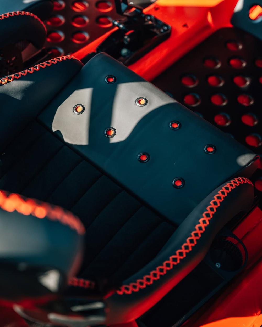 Close-up of contrast stitching detail on an Elite Precision Wheels build